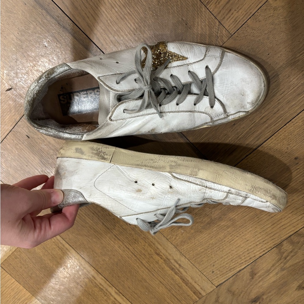 Golden Goose White Leather Sneakers with Gold Glitter Star - Women - Picture 2 of 6